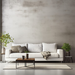 Loft style interior, white sofa, concrete wall texture