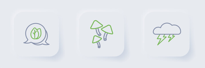Set line Cloud and lightning, Mushroom and Leaf icon. Vector