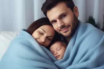 Fototapeta premium Man and woman holding adorable baby wrapped in blue blanket. Generative AI