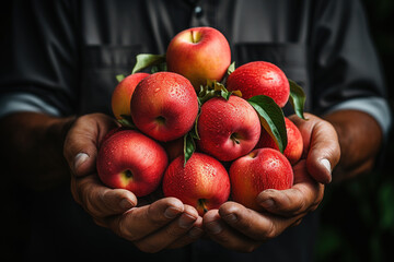 A farmer's hand holding a bunch of red apples. Organic fruit, harvesting, and farming concept. Close-up shot with soft focus and blurred background.