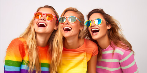 Vibrant trio of women sporting unique designer sunglasses reflecting rainbow flag colors, sharing a contagious laughter against minimalist white background.