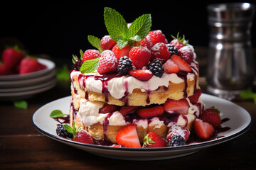 Delicious Strawberry biscuit cake torte dessert with fresh berries and buttercream served on a plate on a wooden table