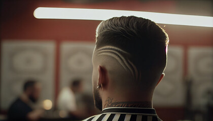 Close up of a man with a beautiful fade haircut in the barbershop back view, Ai generated image