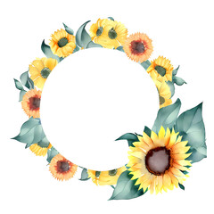Isolated watercolor border design with bright sunflower arrangement