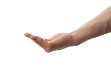 Man cupped hand to hold something isolated on white