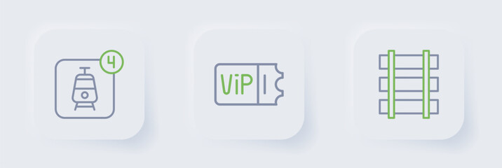 Set line Railway barrier, Train ticket and Online booking icon. Vector