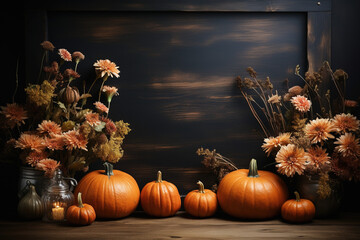 Halloween welcome signboard mockup with pumpkins and flowers. Blackboard with autumn holiday decoration and copy space