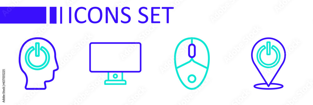 Poster set line power button, computer mouse, monitor and icon. vector