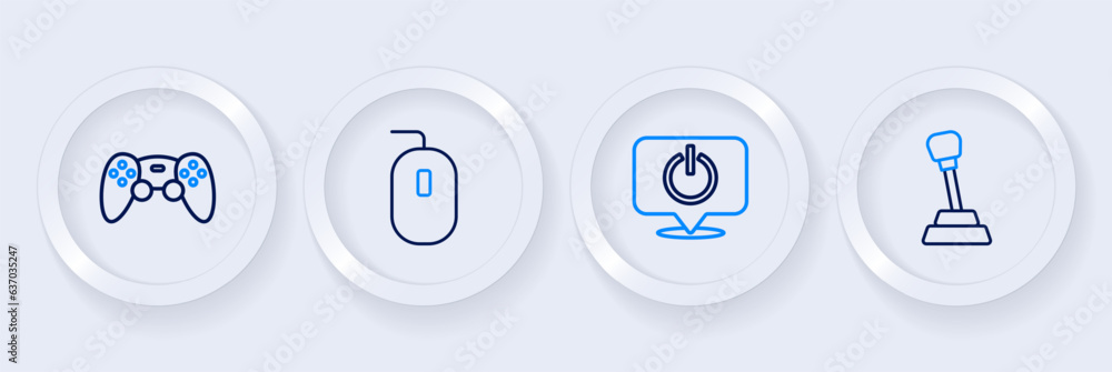 Poster set line gear shifter, power button, computer mouse and game controller or joystick icon. vector