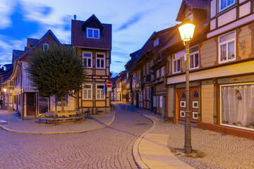 Wernigerode. Old medieval street in the historic center at dawn.