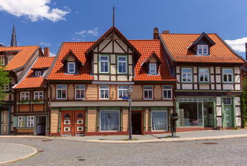 Beautiful facades of old German half-timbered houses in Wernigerode.