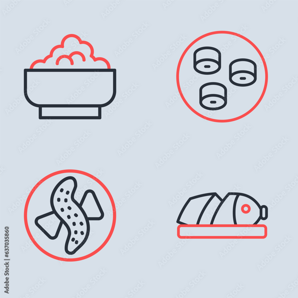 Sticker Set line Sushi, Served cucumber on a plate, Fish with sliced pieces and Rice in bowl icon. Vector