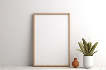 Rectangular vertical frame poster mockup, Scandinavian style interior with home decoration on the floor Empty neutral white wall background. 3D render illustration
