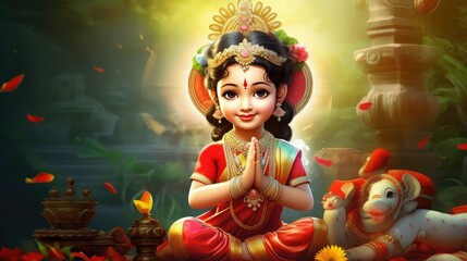 Fototapeta premium Indian Female child as Goddess Durga, Durga Puja 2023, Dussehra 2023, Indian Hindu religious festival