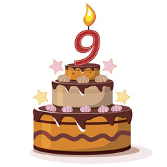 Nine year anniversary. Vector birthday cake. Holiday cake with candle.Big cherry cake on white background. Nine year old baby.