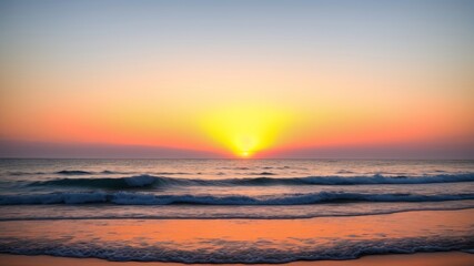 Obraz premium Delineate a sandy shoreline kissed by fragile waves and the warm tones of a setting sun. Creative resource, AI Generated
