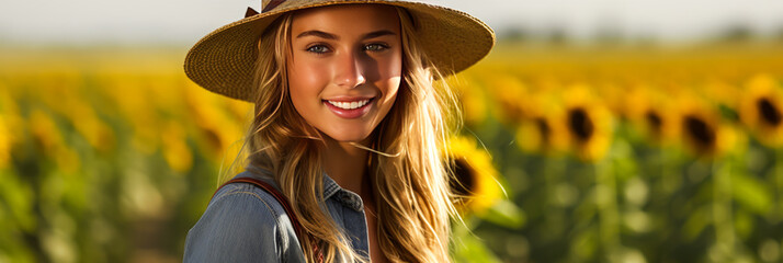 Charming blonde farmer, youthful and sun-kissed, holding straw hat in sunflower field backdrop. Sideways pose with empty space for versatile use.