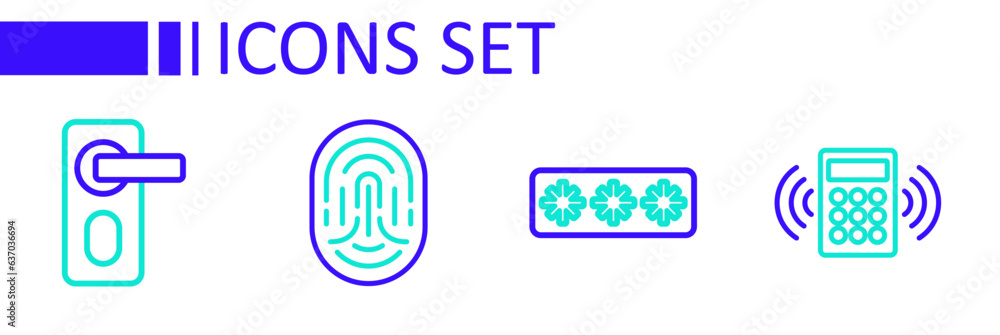 Poster set line security keypad access panel, password protection, fingerprint and door lock icon. vector