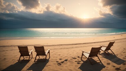 Shocking shoreline. Chairs on the sandy shoreline by the sea. Summer trip and event concept for tourism. Creative resource, AI Generated