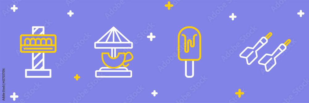 Sticker Set line Dart arrow, Ice cream, Attraction carousel and icon. Vector