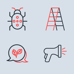 Set line Wooden staircase, Leaf, Garden hose and Colorado beetle icon. Vector