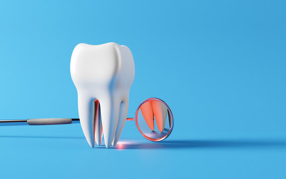 white tooth with dentist mirror and root canal treatment. Oral health and dental inspection teeth. Medical dentist tool, children healthcare, 3D render