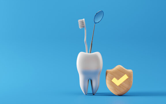 Healthy white tooth with dentist mirror and Shield protect. Oral health and dental inspection teeth. Medical dentist tool, children healthcare, 3D render