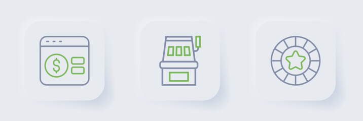 Set line Casino chips, Slot machine and Online poker table game icon. Vector
