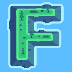 Illustration of the letter F in the form of an island. Illustration of letter F in the form of an island with forest. Alphabet for children, children's imagery. 
