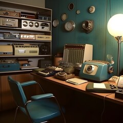 retro chair and office desk with old radio