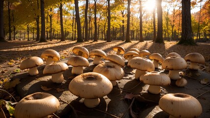 Consumable cep mushrooms in a sunny collect time forest. Creative resource, AI Generated