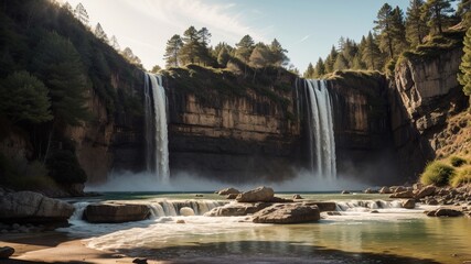 the essentialness of a dazzling waterfall since it bounced down callous cliffs, making a dim appear. Creative resource, AI Generated