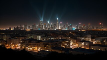 Naklejka premium A cutting edge cityscape at night, with delicate shimmers of dispersal transmitting from cutting edge buildings. Creative resource, AI Generated