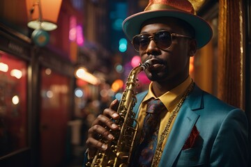 A man playing a saxophone in a stylish suit and tie