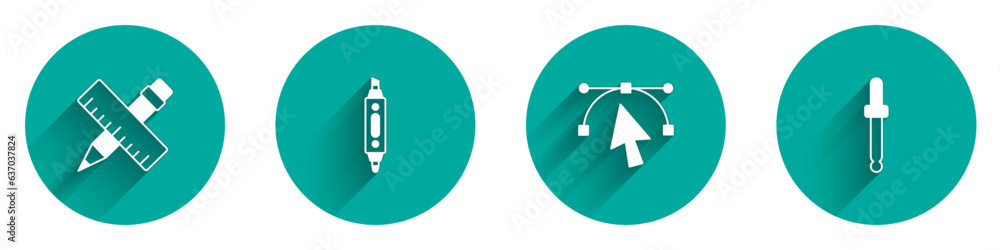 Poster set crossed ruler and pencil, marker, bezier curve and eyedropper color picker palette icon with lon