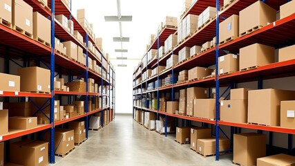 A huge stockroom with various things. Columns of racks with boxes. Creative resource, AI Generated