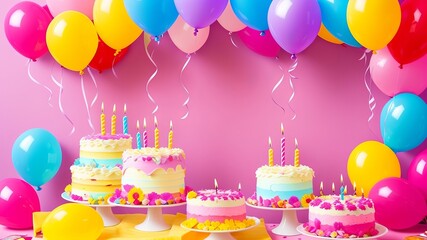 birthday party inflatables, colourful inflatables foundation and birthday cake with candles. Creative resource, AI Generated