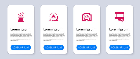 Set Fast street food cart, Casino win, Circus tent and Magician hat. Business infographic template. Vector