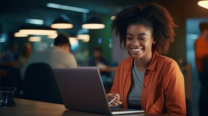 Excited black young woman celebrating winning or getting ecommerce shopping offer on computer laptop. Excited happy girl winner looking at notebook celebrating success