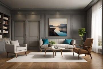 Brown living room interior with a light wooden floor, an armchair, a coffee table near a door and a poster.  rendering mock up