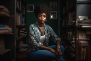 Young black women with an afro style hair with a colorful floral shirt is sitting in front of a bookcase inside a school library 