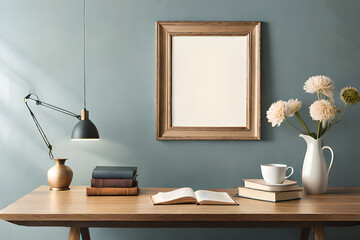 Empty wooden picture frame mockup hanging on beige wall background. Boho shaped vase, dry flowers on table. Cup of coffee, old books. Working space, home office.