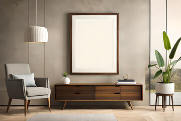 Wooden rustic bench with pillows against wall with two poster blank frames. Country farmhouse interior design of modern home entryway