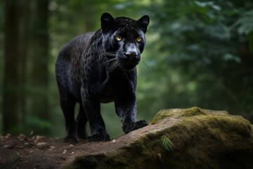 A shallow depth-of-field portrait of a black panther looking at the camera a green forest background