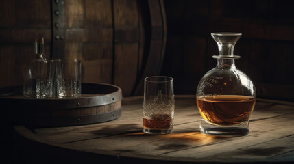 A glass of whiskey or brandy with a decanter. On the background of an oak barrel.