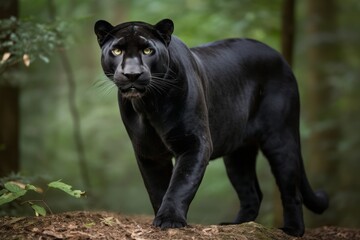 Naklejka na ściany i meble A shallow depth-of-field portrait of a black panther looking at the camera a green forest background