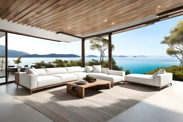 Fototapeta na wymiar Modern Luxury Coastal Living Room Design with Panoramic Ocean View and Elegant White Sectional Sofa - Exclusive Waterfront Property Interior