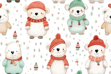 Mix Christmas teddy bears on white seamless background, wrapping paper
