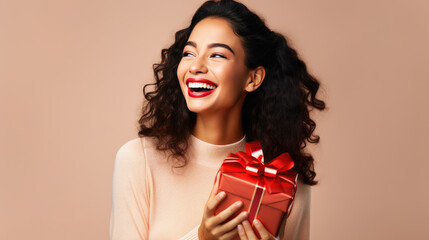 Happy smiling woman holding gift box over pink background