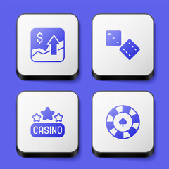 Set Financial growth increase, Game dice, Casino signboard and chips icon. White square button. Vector